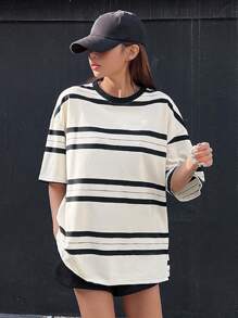 DAZY Striped Print Drop Shoulder Tee - Black and White - View 6