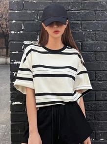 DAZY Striped Print Drop Shoulder Tee - Black and White - View 7