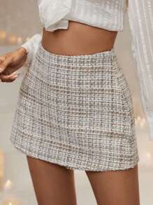 SHEIN Privé High Waist Plaid Tweed Skort