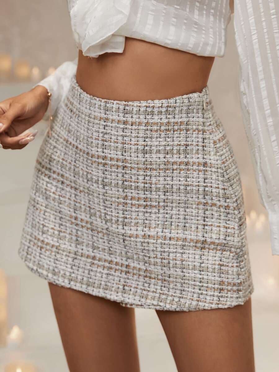 SHEIN Privé High Waist Plaid Tweed Skort