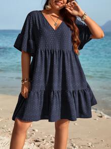 SHEIN LUNE Vestido smock de manga con volante bajo con fruncido - Azul Marino - Ver 4
