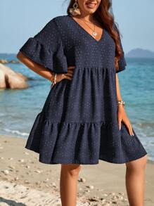 SHEIN LUNE Vestido smock de manga con volante bajo con fruncido - Azul Marino - Ver 5