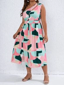 SHEIN Clasi Plus Geo Print One Shoulder Split Thigh Dress - Multicolor - View 4