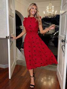 SHEIN Privé Heart Print Ruffle Trim A-line Dress - Red - View 1