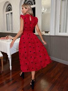 SHEIN Privé Heart Print Ruffle Trim A-line Dress - Red - View 2