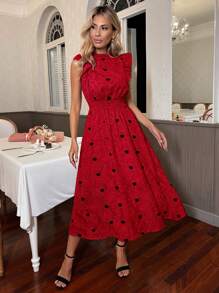 SHEIN Privé Heart Print Ruffle Trim A-line Dress - Red - View 4