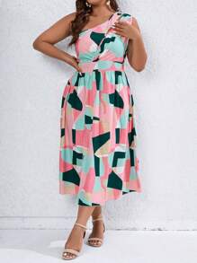 SHEIN Clasi Plus Geo Print One Shoulder Split Thigh Dress - Multicolor - View 5