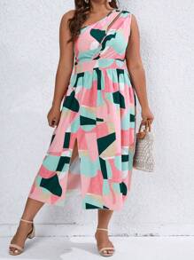 SHEIN Clasi Plus Geo Print One Shoulder Split Thigh Dress - Multicolor - View 6