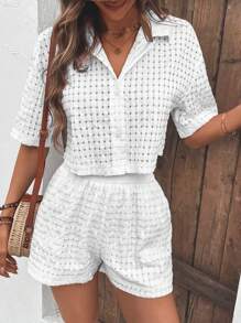 SHEIN LUNE de hombros caídos Camisa & Shorts - Blanco - Ver 3