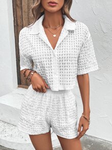 SHEIN LUNE de hombros caídos Camisa & Shorts - Blanco - Ver 4