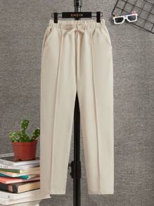 SHEIN Boys Solid Slant Pocket Drawstring Waist Trousers - Beige - View 1