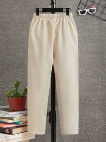 SHEIN Boys Solid Slant Pocket Drawstring Waist Trousers - Beige - View 2