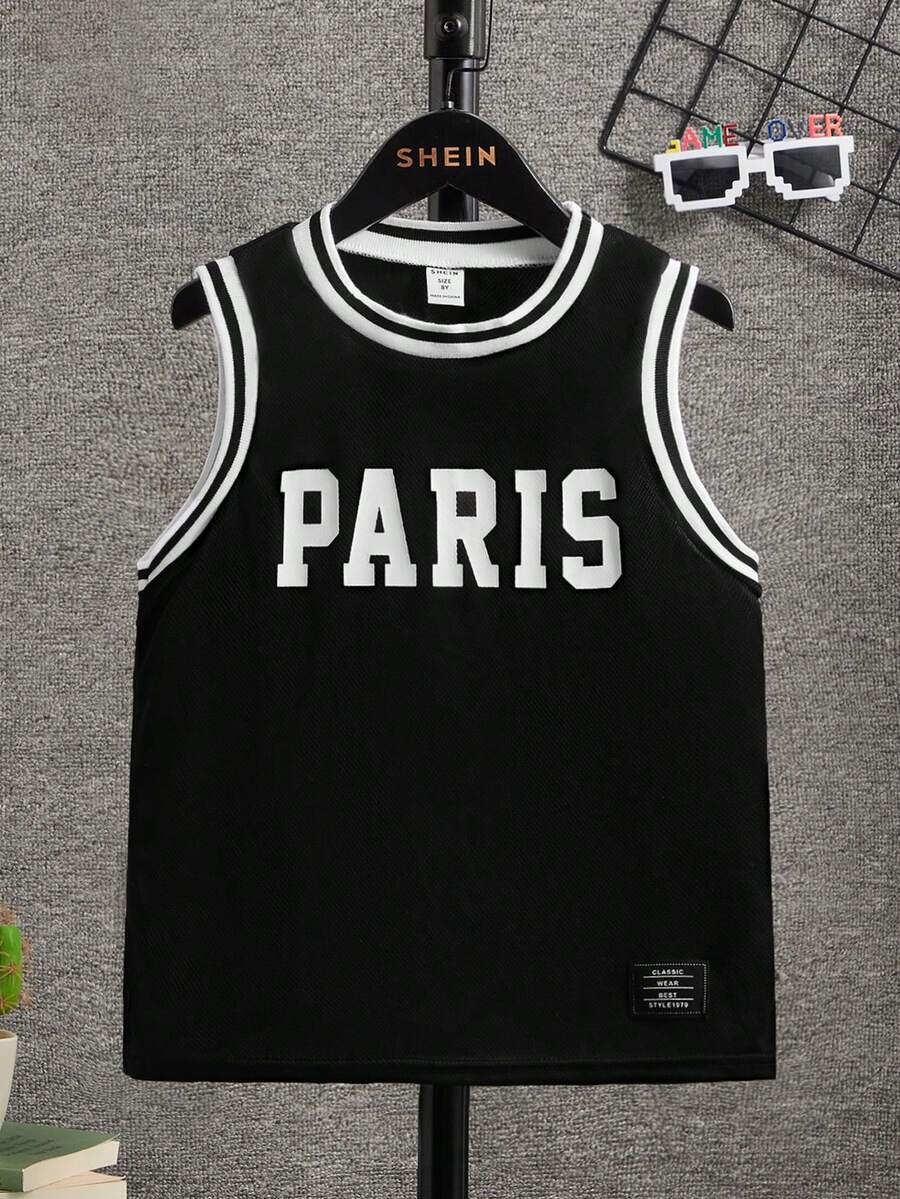 SHEIN 男孩字母圖案補丁細節拼接邊背心上衣