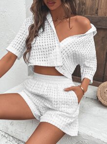 SHEIN LUNE de hombros caídos Camisa & Shorts - Blanco - Ver 6