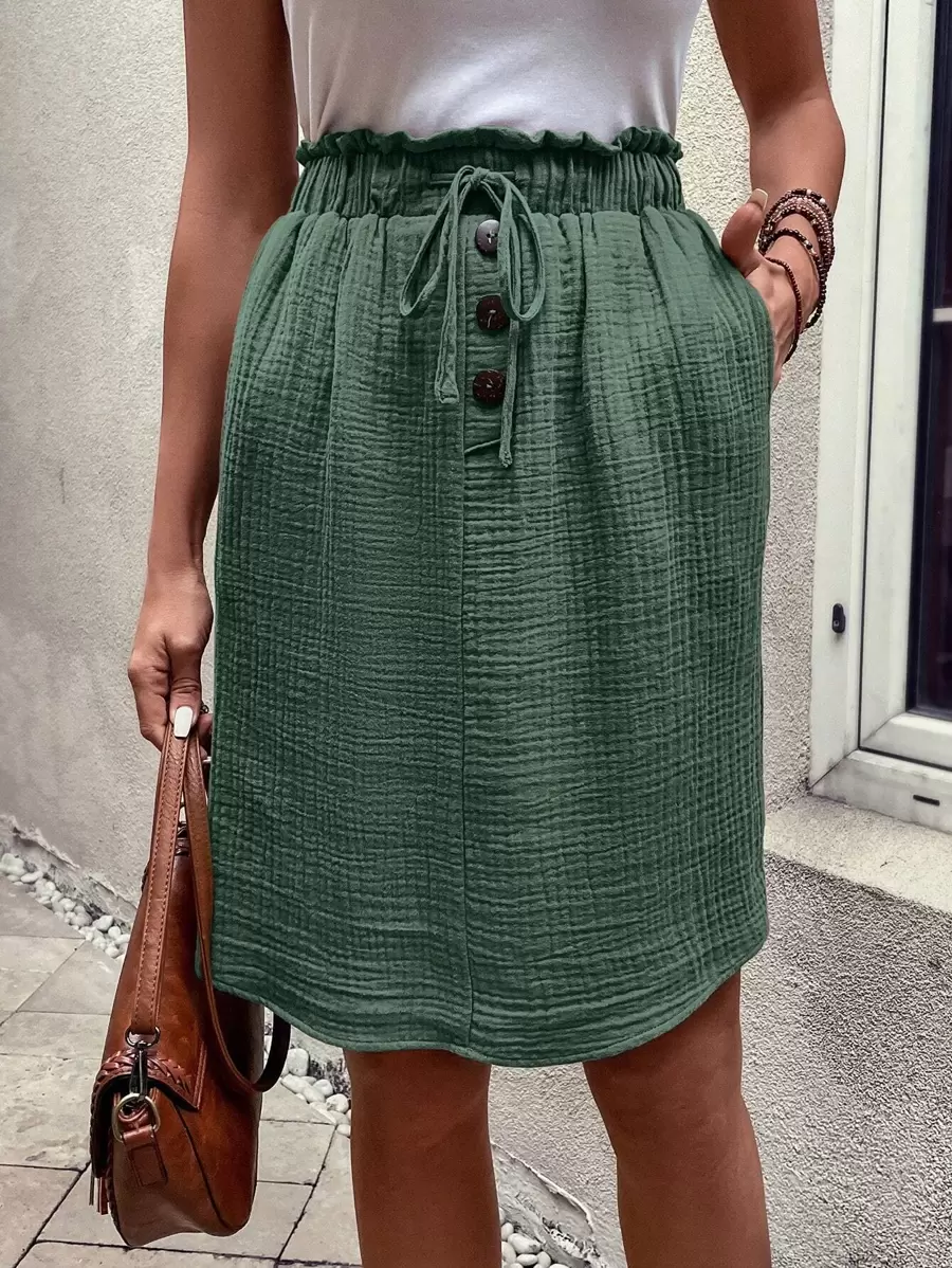 SHEIN LUNE Paperbag Waist Knot Front Hidden Pocket Fake Button Skirt - Dark Green - View 1