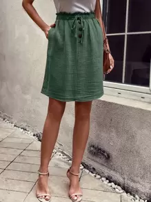SHEIN LUNE Paperbag Waist Knot Front Hidden Pocket Fake Button Skirt - Dark Green - View 6