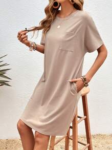 SHEIN LUNE 蝙蝠袖口袋貼布T恤連衣裙 - 摩卡棕 - 查看 5