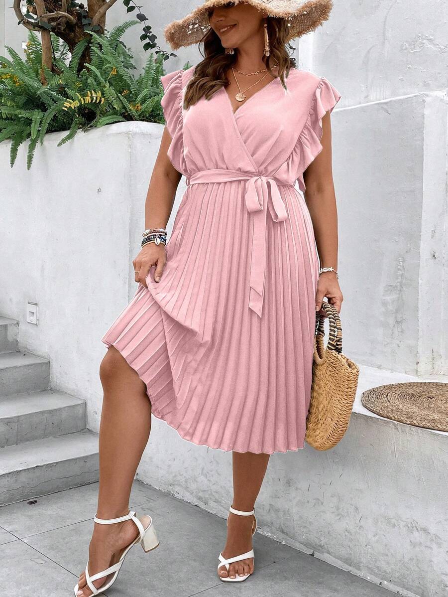 SHEIN Clasi Vestido con cinturón ribete con fruncido bajo fruncido - Rosa - Ver 1