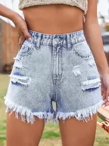 SHEIN ICON 素色破洞毛邊牛仔短褲 - 淺色水洗藍 - 查看 1