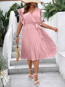 SHEIN Clasi Vestido con cinturón ribete con fruncido bajo fruncido - Rosa - Ver 5