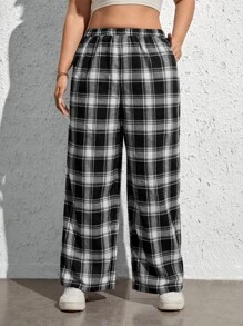 SHEIN EZwear Quần Plus Size Túi Sọc ca rô Giải trí - Đen và trắng - Xem 1