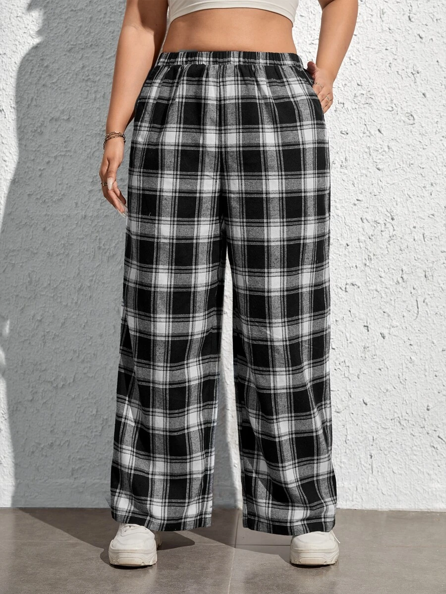 SHEIN EZwear Quần Plus Size Túi Sọc ca rô Giải trí - Đen và trắng - Xem 1