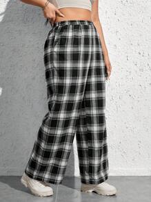 SHEIN EZwear Quần Plus Size Túi Sọc ca rô Giải trí - Đen và trắng - Xem 3