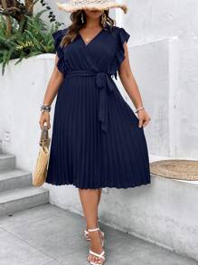 EMERY ROSE Đầm Plus Size Thắt lưng Xếp li Xù Trọn gói màu trơn Giải trí - Màu xanh hải quân - Xem 3