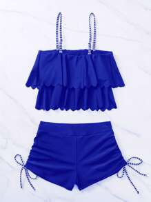 荷叶边饰带侧抽绳比基尼套装夏季海滩 - 寶藍色 - 查看 2