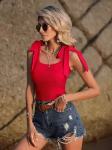 SHEIN VCAY Tie Shoulder Ribbed Knit Tank Top
