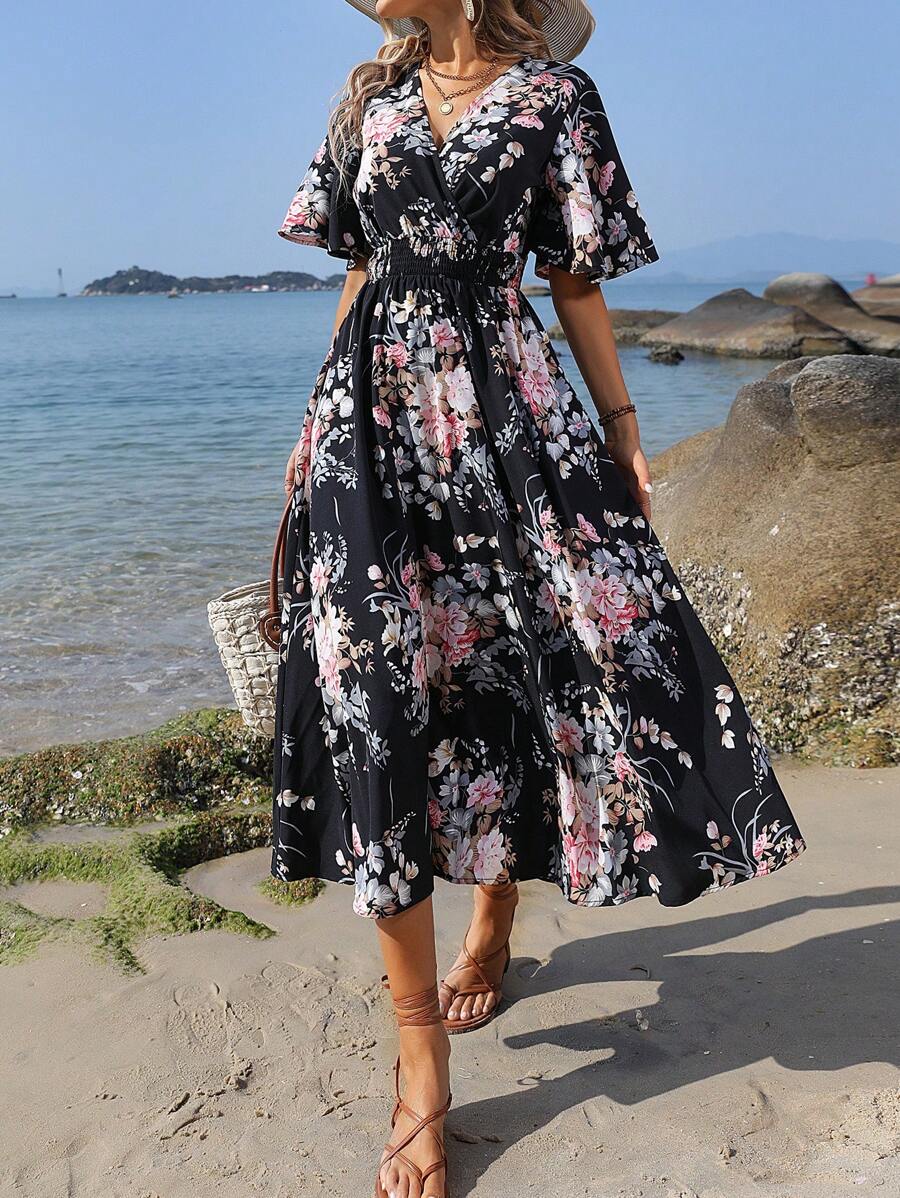 Breezaya 印花蝴蝶袖腰部打褶連衣裙 - 黑色 - 查看 1