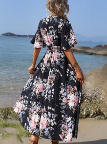 Breezaya 印花蝴蝶袖腰部打褶連衣裙 - 黑色 - 查看 2