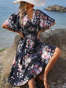 Breezaya 印花蝴蝶袖腰部打褶連衣裙 - 黑色 - 查看 4