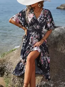 Breezaya 印花蝴蝶袖腰部打褶連衣裙 - 黑色 - 查看 5