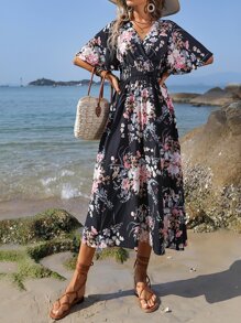 Breezaya 印花蝴蝶袖腰部打褶連衣裙 - 黑色 - 查看 6