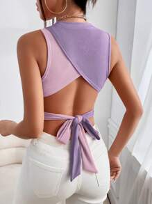 SHEIN Privé Áo khoác và áo lót dành cho xe tăng nữ Lộ Lưng Buộc lại Trọn gói Gân đan màu trơn Giải trí - Màu tím hoa cà - Xem 1