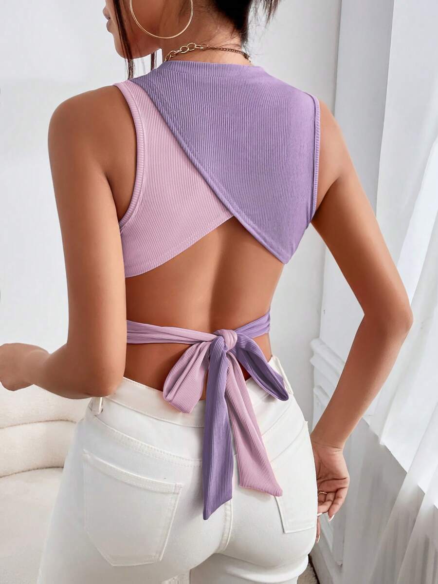 SHEIN Privé Áo khoác và áo lót dành cho xe tăng nữ Lộ Lưng Buộc lại Trọn gói Gân đan màu trơn Giải trí - Màu tím hoa cà - Xem 1