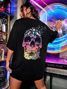 Flirla Plus Skull Print Drop Shoulder Tee For Summer - Black - View 1