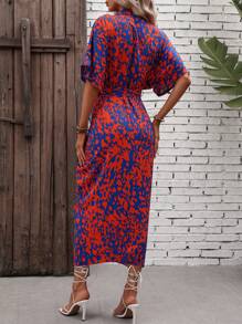 Breezaya Vestido camisero de mujer con mangas de murciélago, estampado completo y cinturón, largo hasta los tobillos