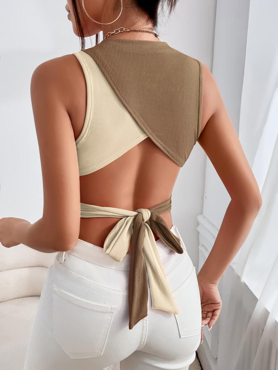 SHEIN Privé Two Tone Tie Backless Crop Tank Top - Camel - View 1