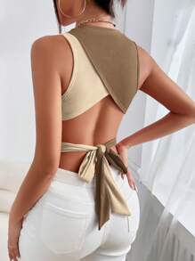 SHEIN Privé Two Tone Tie Backless Crop Tank Top - Camel - View 2