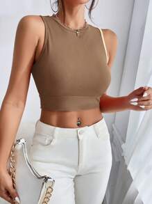 SHEIN Privé Two Tone Tie Backless Crop Tank Top - Camel - View 5
