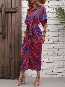 Breezaya Vestido camisero de mujer con mangas de murciélago, estampado completo y cinturón, largo hasta los tobillos