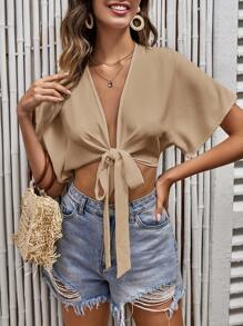 SHEIN VCAY Camisa crop de manga murciélago con nudo delantero - Camel - Ver 1