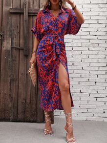 Breezaya Vestido camisero de mujer con mangas de murciélago, estampado completo y cinturón, largo hasta los tobillos