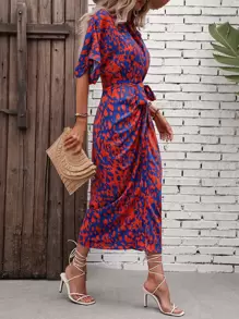 Breezaya Vestido camisero de mujer con mangas de murciélago, estampado completo y cinturón, largo hasta los tobillos