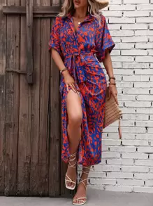 Breezaya Vestido camisero de mujer con mangas de murciélago, estampado completo y cinturón, largo hasta los tobillos