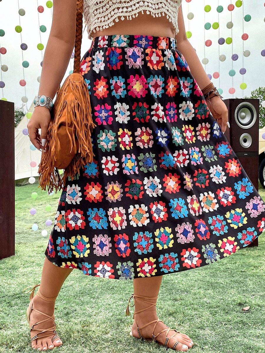 SHEIN Holidaya Falda con estampado de talle alto - Multicolor - Ver 1