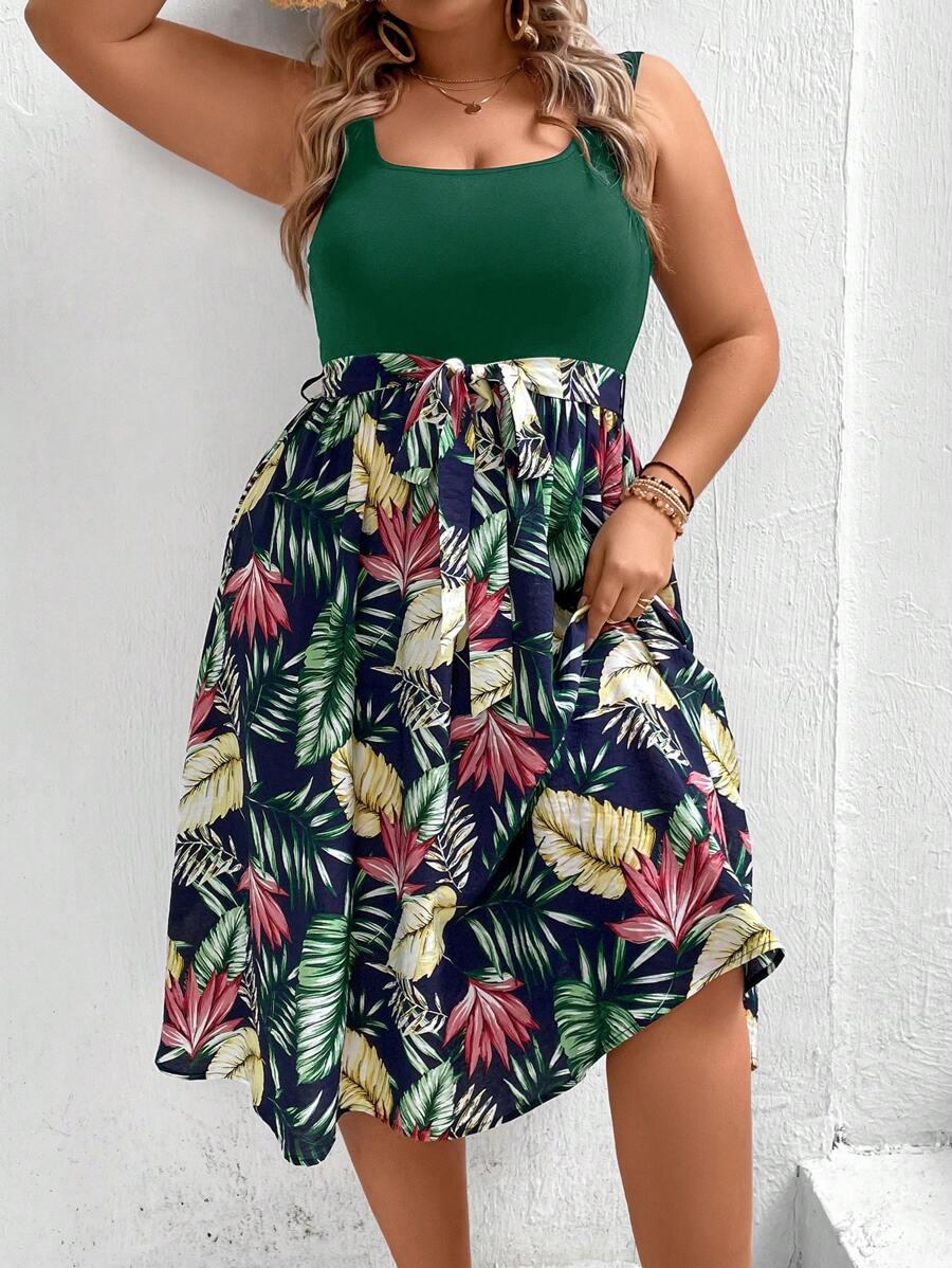 SHEIN VCAY Plus Tropical Print Belted Dress - Dark Green - View 1