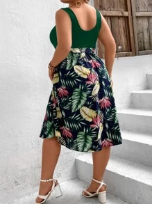 SHEIN VCAY Plus Tropical Print Belted Dress - Dark Green - View 2